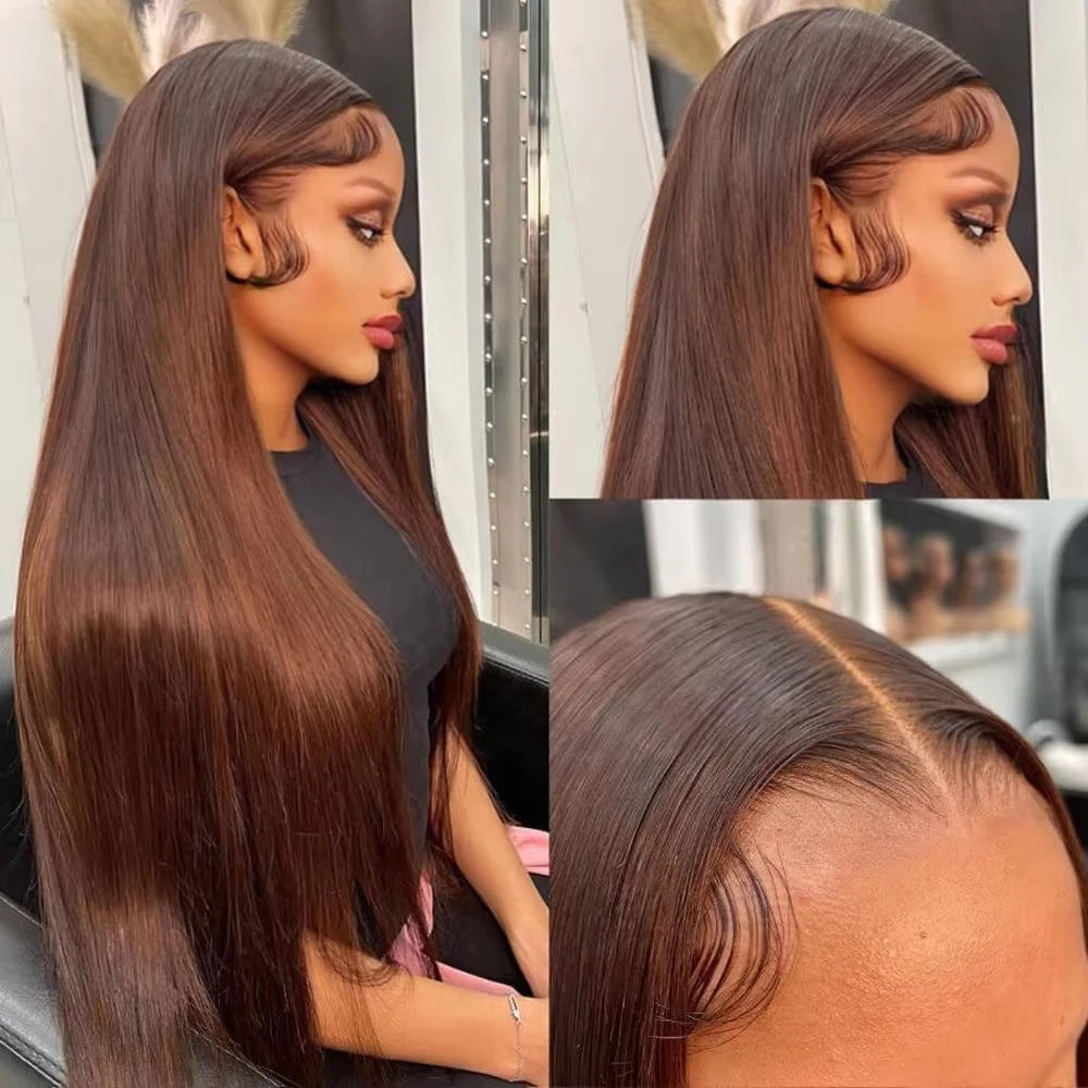40 Inch Bone Straight Chocolate Brown Wig 13x6 HD Lace Frontal Wig 100% Pre-Plucked Human Hair 13x4 Lace Front Brown Colored Wig