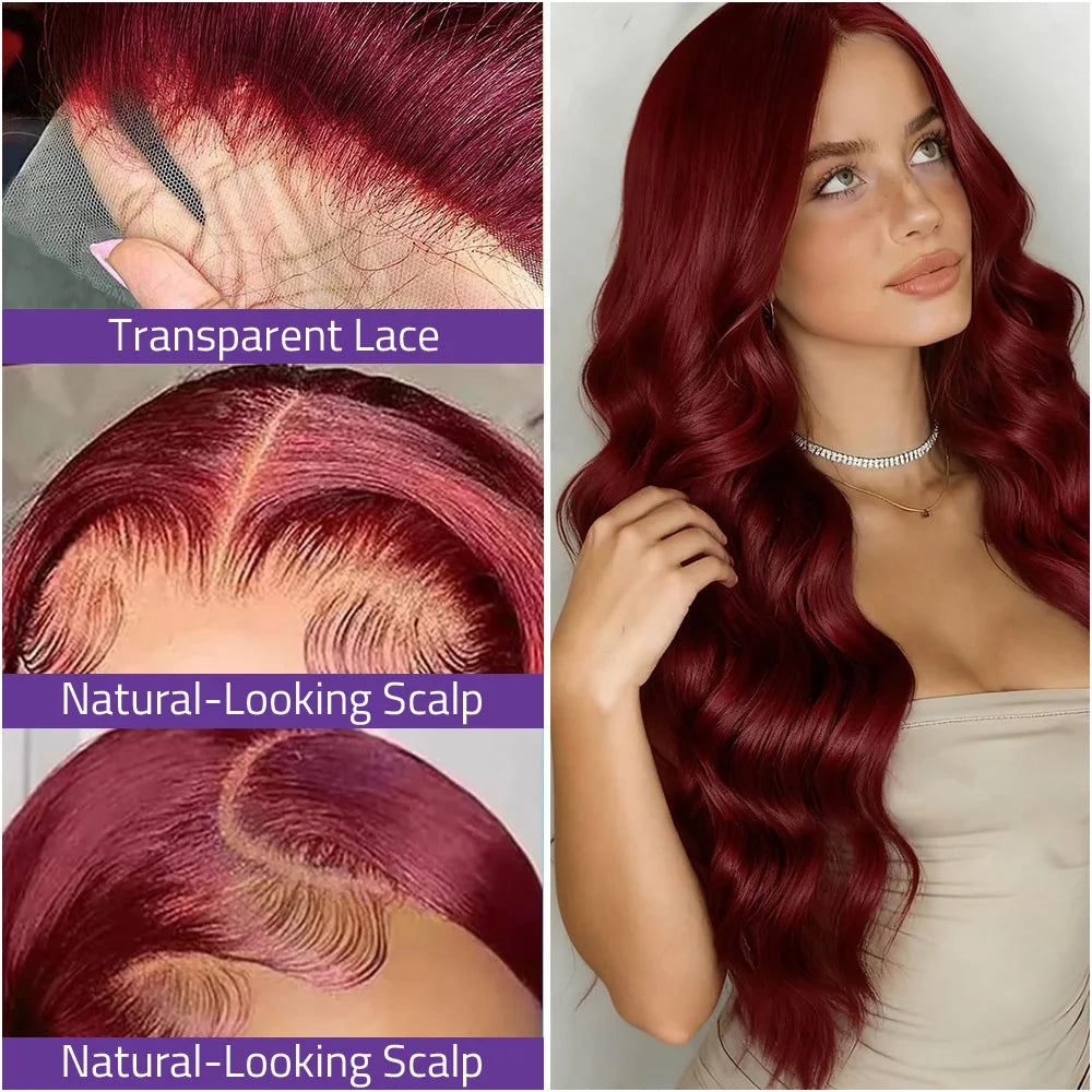 13x4 and 13x6 HD Transparent Frontal Lace Wig 99j Burgundy 40 Inch Pre-plucked Brazilian Human Hair Lace Body Wave Wig For Women