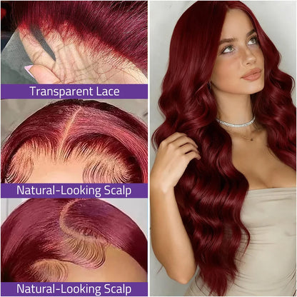 13x4 and 13x6 HD Transparent Frontal Lace Wig 99j Burgundy 40 Inch Pre-plucked Brazilian Human Hair Lace Body Wave Wig For Women