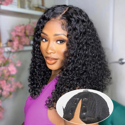 Curly V Part Wigs Human Hair Brazilian For Black Women Upgrade U Part Wigs No Sew No Glue 220% Density Human Hair Wigs Deep Wave