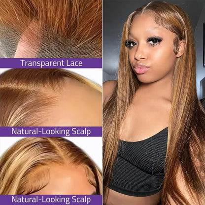 200 Density P4/27 Straight Frontal Lace Wig 13x6 HD Transparent Lace Wig 36Inch  Lace Real Brazilian Human Hair Wig For Women