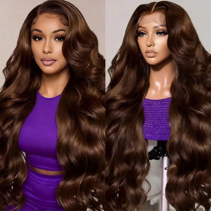 40 Inch Body Wave Chocolate Brown Hair Transparent Lace Front Wig 13X4 and 13x6 Frontal HD Lace High Density 100% Human Hair Wig