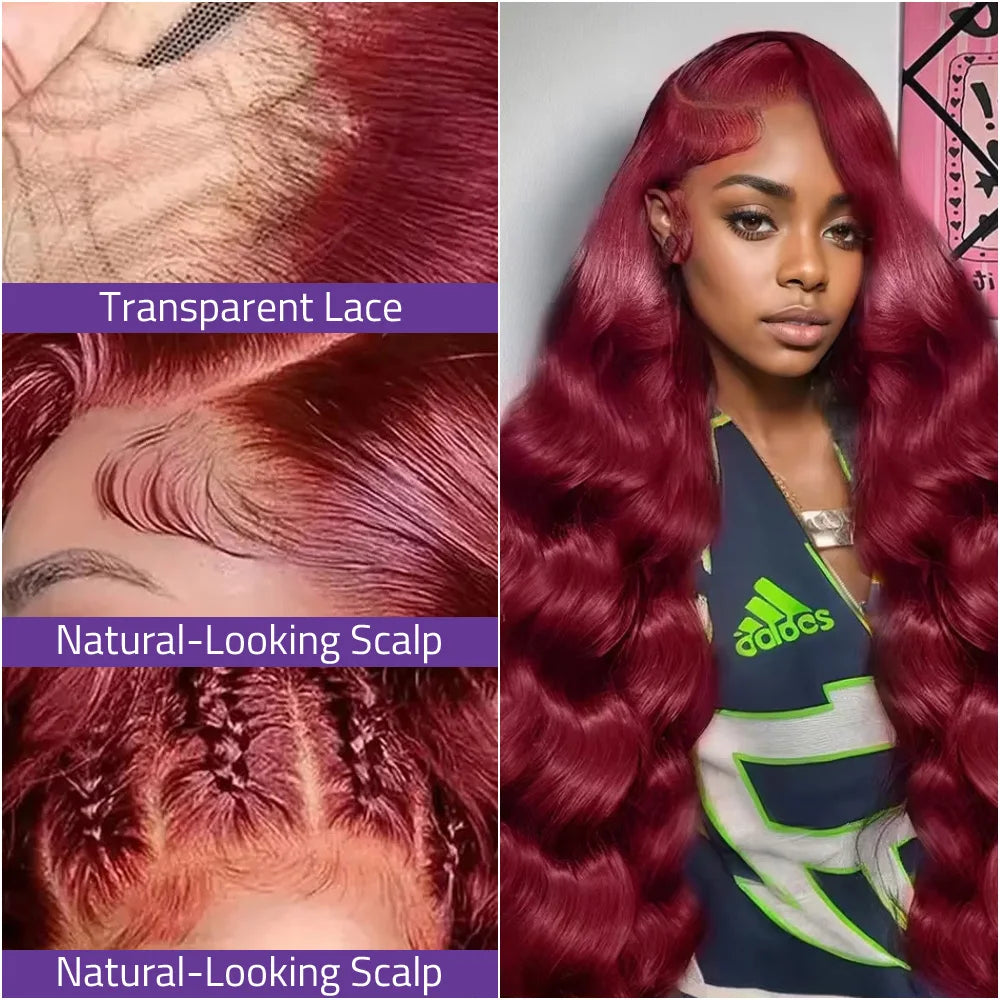 Burgundy Red #99J 13x6 HD Lace Frontal Wigs 100%  Pre-Plucked Brazilian Human Hair 13x4 Transparent Lace Frontal Body Wave Wigs