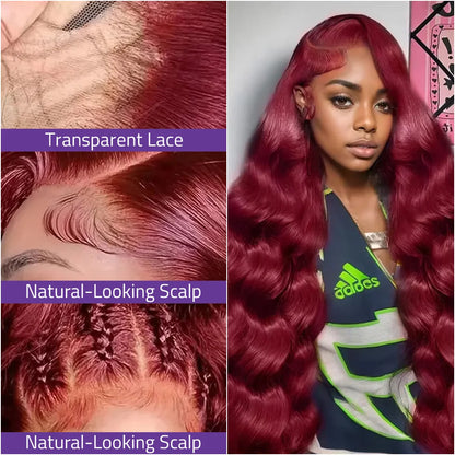 Burgundy Red #99J 13x6 HD Lace Frontal Wigs 100%  Pre-Plucked Brazilian Human Hair 13x4 Transparent Lace Frontal Body Wave Wigs