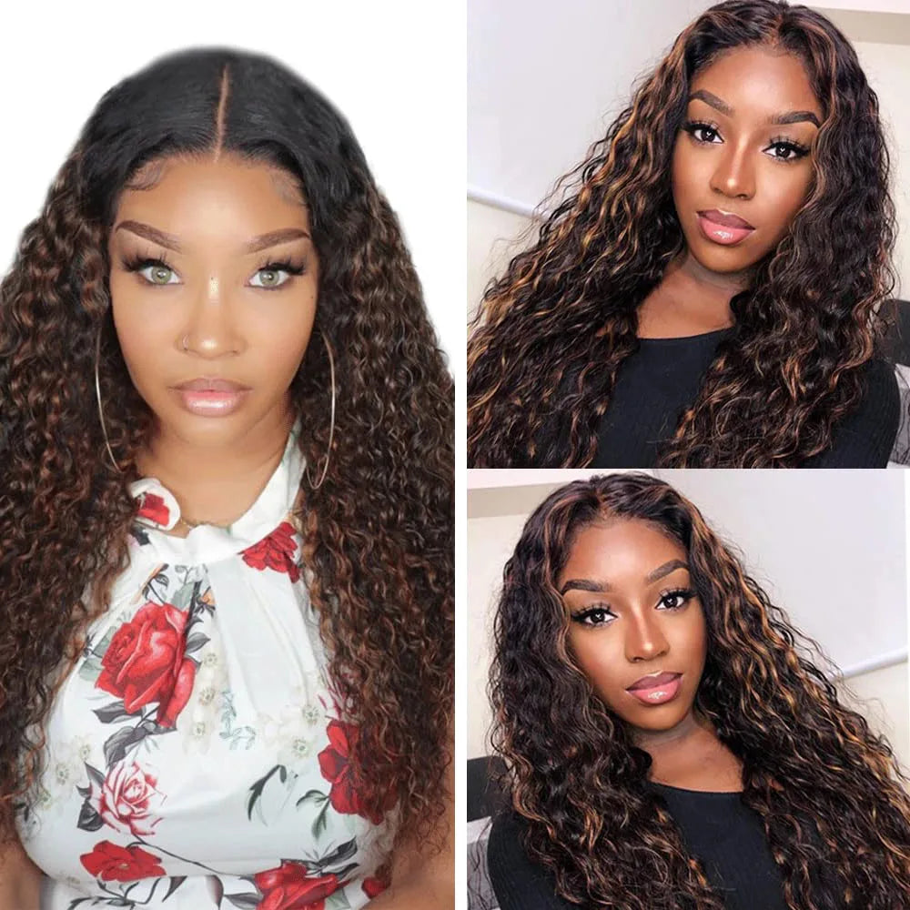 Deep Wave Highlight Wig Human Hair P1B/30 Ombre Human Hair Wig Pre Plucked 13x4 Curly Lace Front Wigs 200 Density For Women Remy