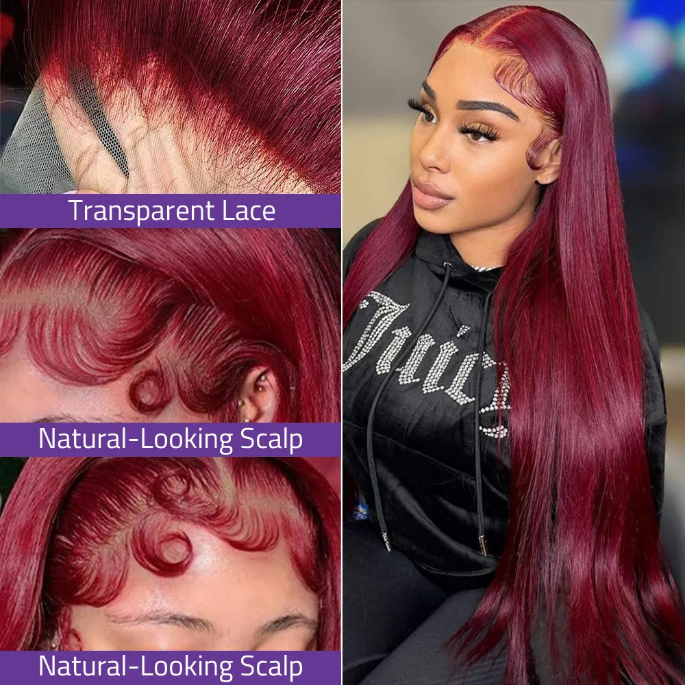 Straight Wig 99j Burgundy 13x6 Frontal Lace Wig Brazilian Human Hair Preplucked Frontal Wig HD Transparent Lace Human Hair Wig .