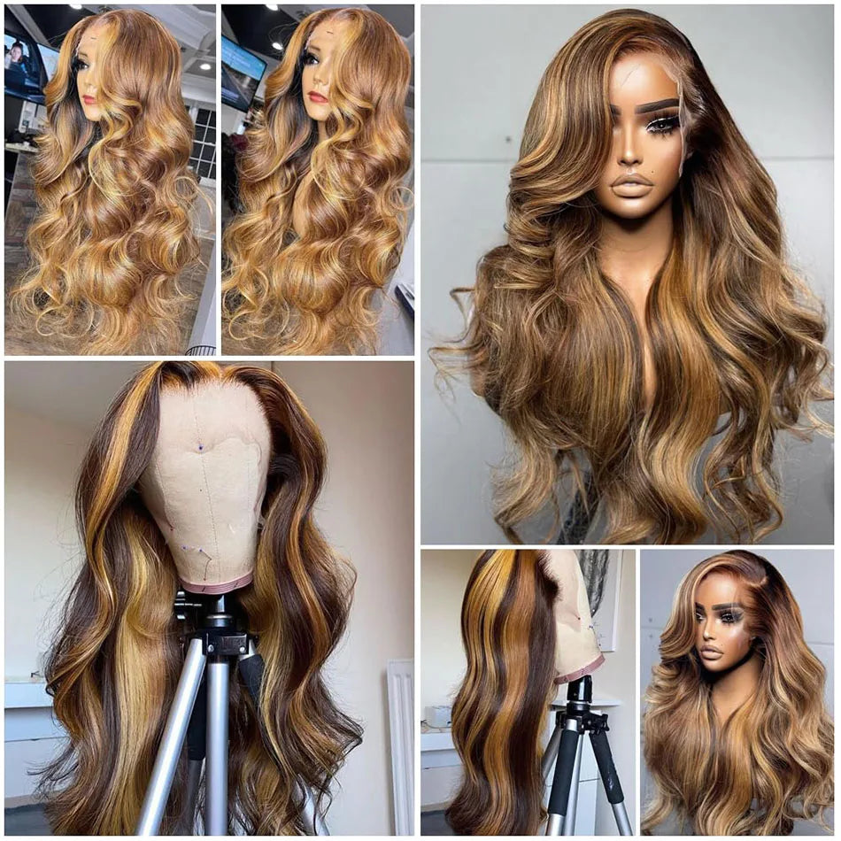 4/27 Highlight Ombre Wig Human Hair Body Wave 13x6 Lace Front Wig Pre Plucked Transparent Lace Frontal Wigs 200% Density 30 Inch