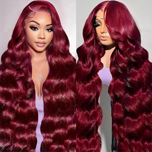 #99J Burgundy Body Wave Lace Wigs 13x6 Transparent Lace Front Human Hair Wigs 40 Inch 13x4 HD Lace Frontal Red Wine Colored Wigs