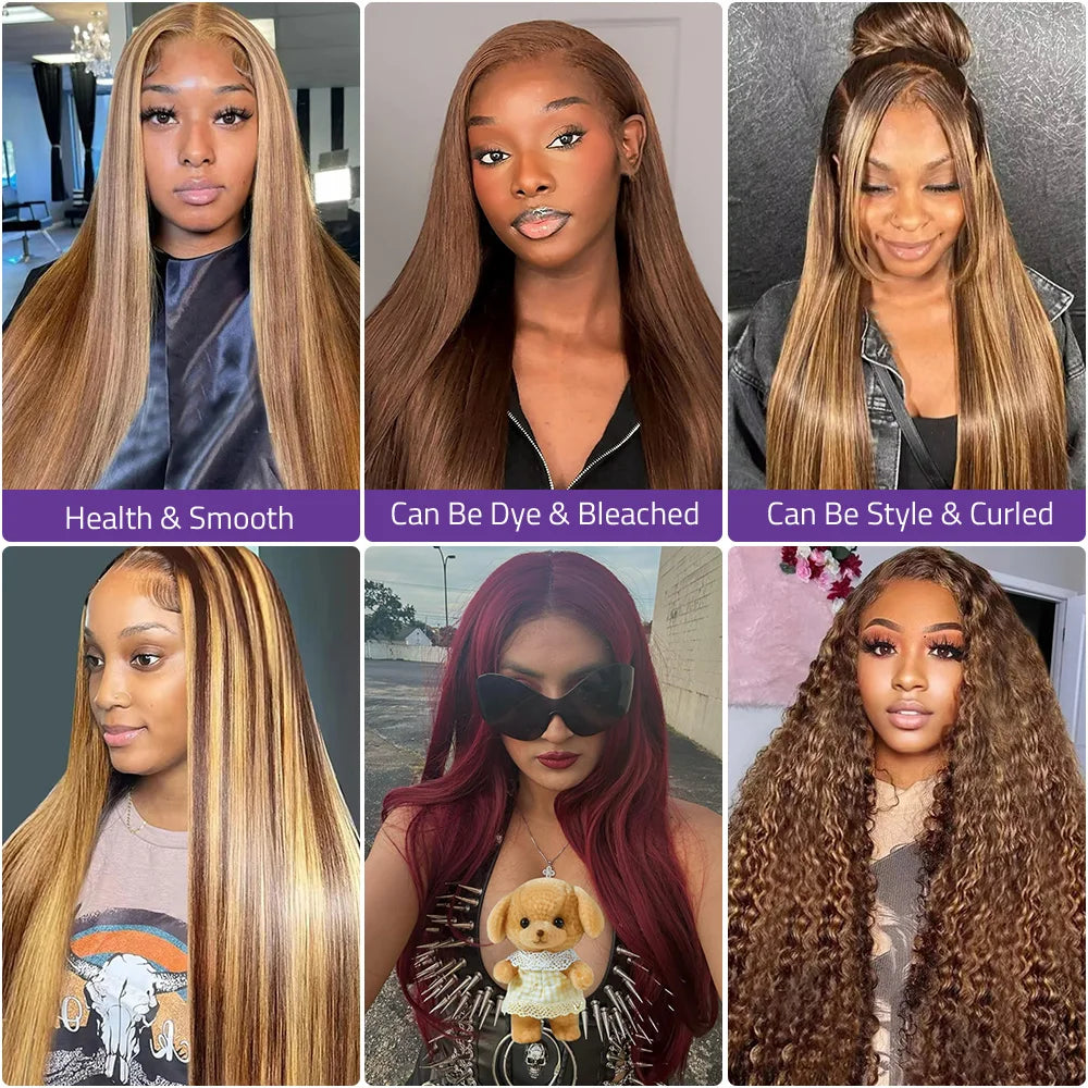 18-40 Inch Highlight 4/27 Bone Straight Wig 13x6 Lace Front Wig 100% Brazilian Human Hair 13x4 Lace Front 200 Density Brown Wig
