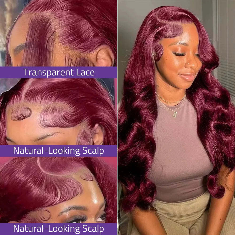 13x6 HD Lace Front Human Hair WigS,#99J Burgundy Pre-plucked Body Wave Human Hair 13x4 Transparent Lace Frontal Wigs For Women.