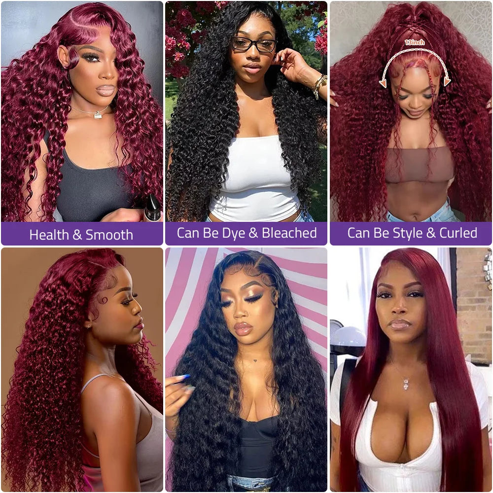 99J Burgundy Human Hair Lace Wig 13x6 Front HD Lace Deep Wave Wig 13x4 Transparent Lace Red Wine color Wig 18-40 Inch For Women