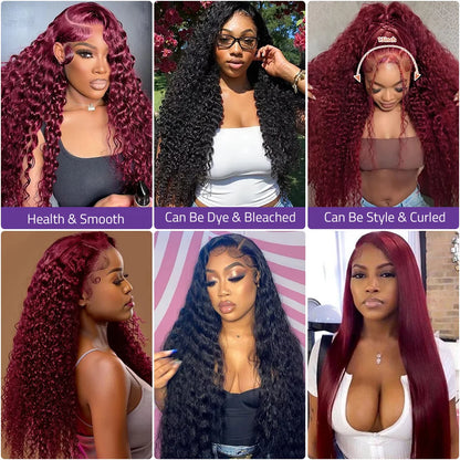 99J Burgundy Human Hair Lace Wig 13x6 Front HD Lace Deep Wave Wig 13x4 Transparent Lace Red Wine color Wig 18-40 Inch For Women