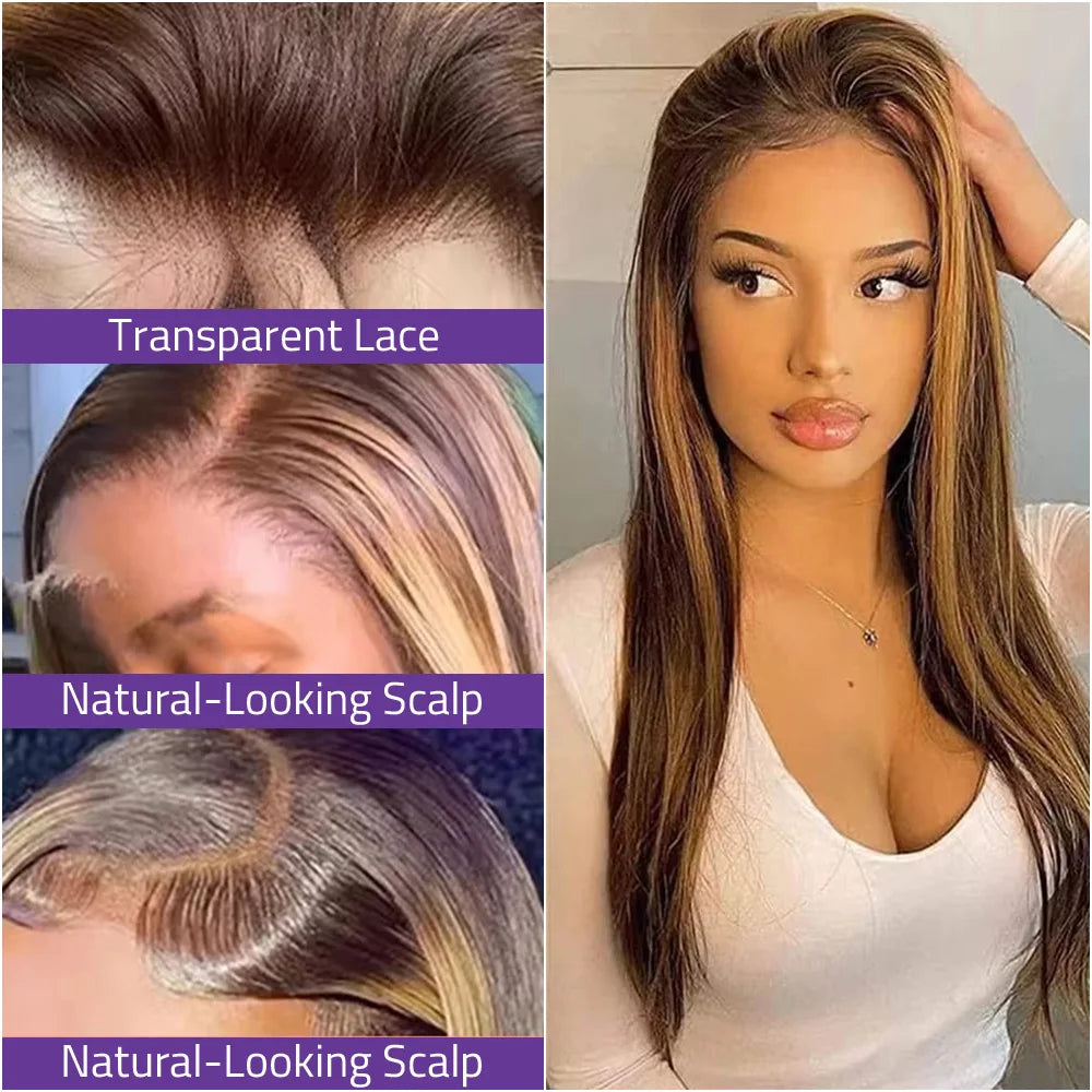 18-40 Inch Highlight 4/27 Bone Straight Wig 13x6 Lace Front Wig 100% Brazilian Human Hair 13x4 Lace Front 200 Density Brown Wig