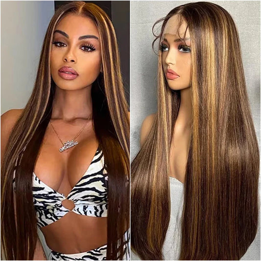 18-40 Inch Highlight 4/27 Bone Straight Wig 13x6 Lace Front Wig 100% Brazilian Human Hair 13x4 Lace Front 200 Density Brown Wig