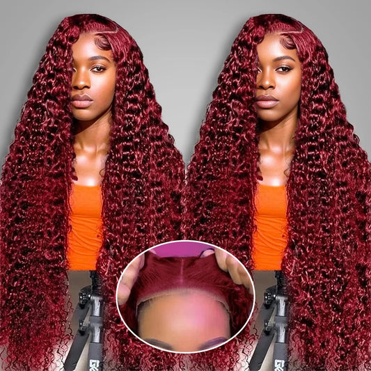 Brazilian Human Hair Lace Wig 99j Burgundy 13x6 Hd Lace Frontal Wig 13x4 Transparent Lace Curly Deep Wave Wig 200% Density.