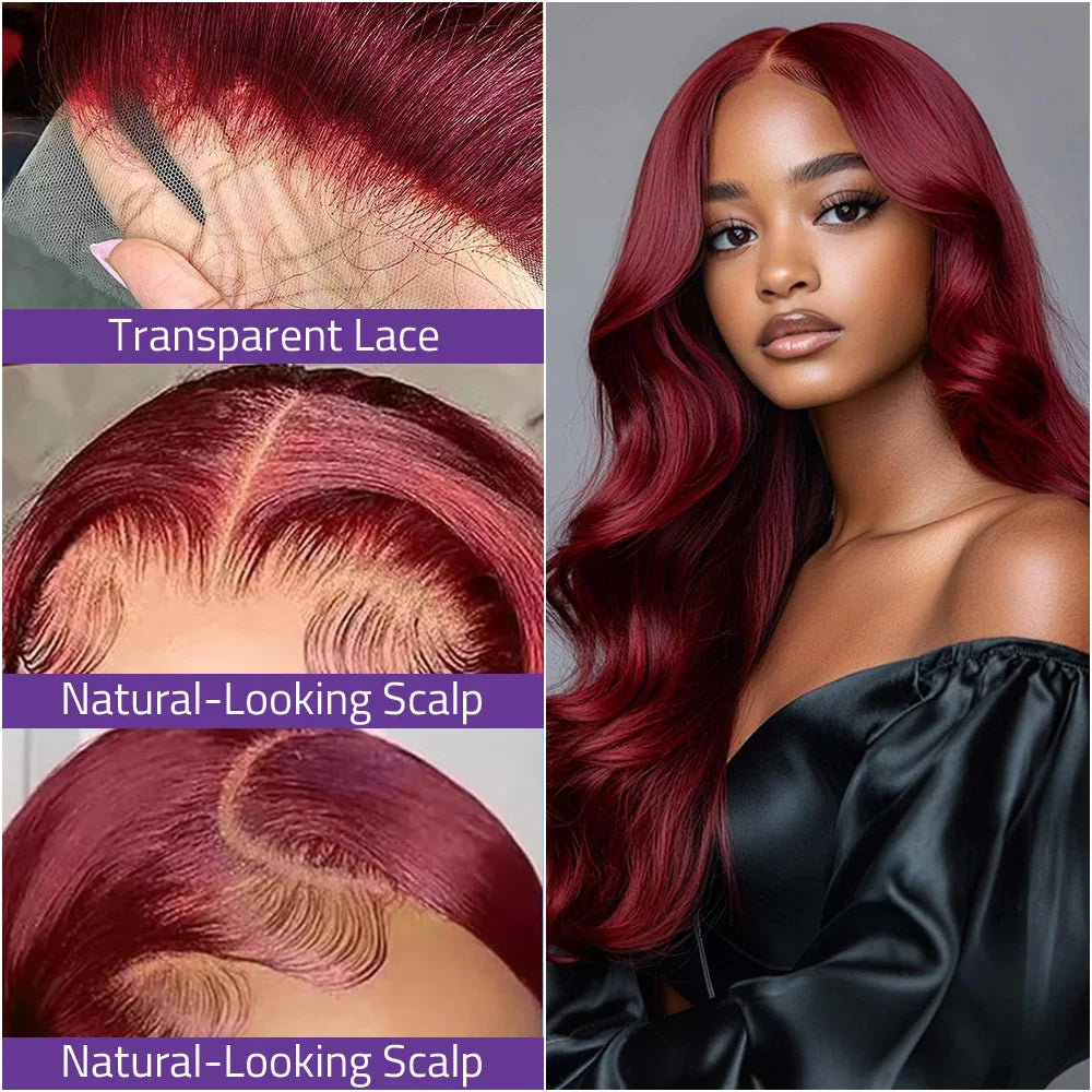 99J Burgundy 13x4 HD Frontal Lace Body Wave Wig 13x6 Transparent Lace Frontal 220Density Wig 100% Brazilian Human Hair For Women