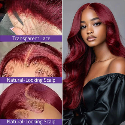 99J Burgundy 13x4 HD Frontal Lace Body Wave Wig 13x6 Transparent Lace Frontal 220Density Wig 100% Brazilian Human Hair For Women