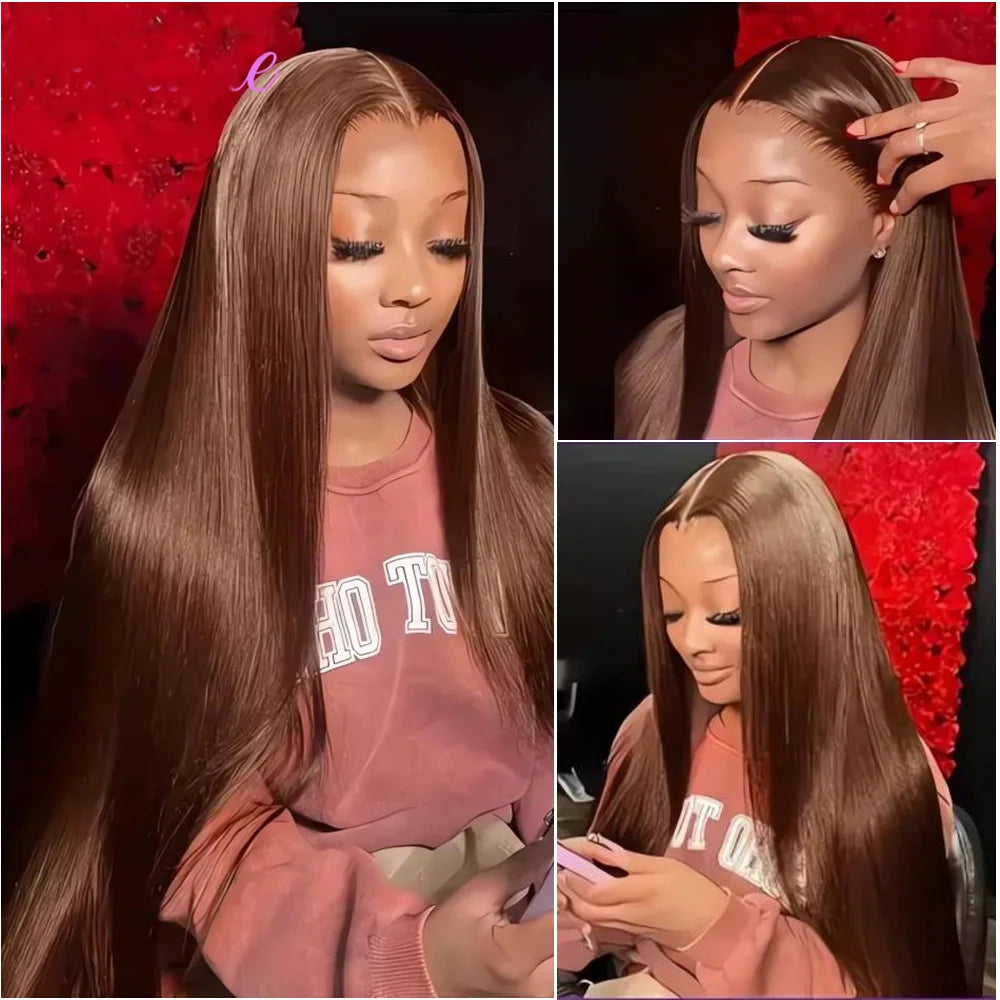 13x4 Transparent Lace Front Wigs Chocolate Brown Straight Human Hair Wig For Women 13x6 Hd Lace Frontal Wig Can Curled And Dyed.