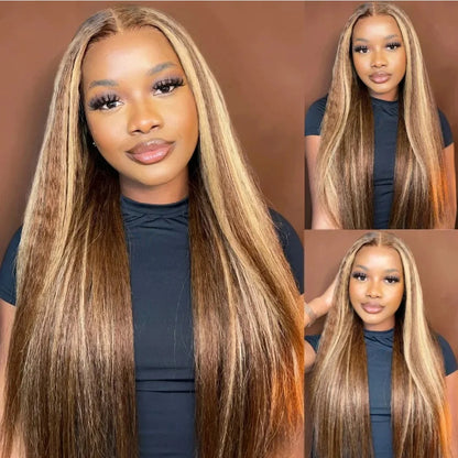Highlight P4/27 Straight 100% Human Hair Lace Wig, 200% Density Honey Blonde 13x4 HD Lace Frontal Wig 13x6 Transparent Lace Wig.