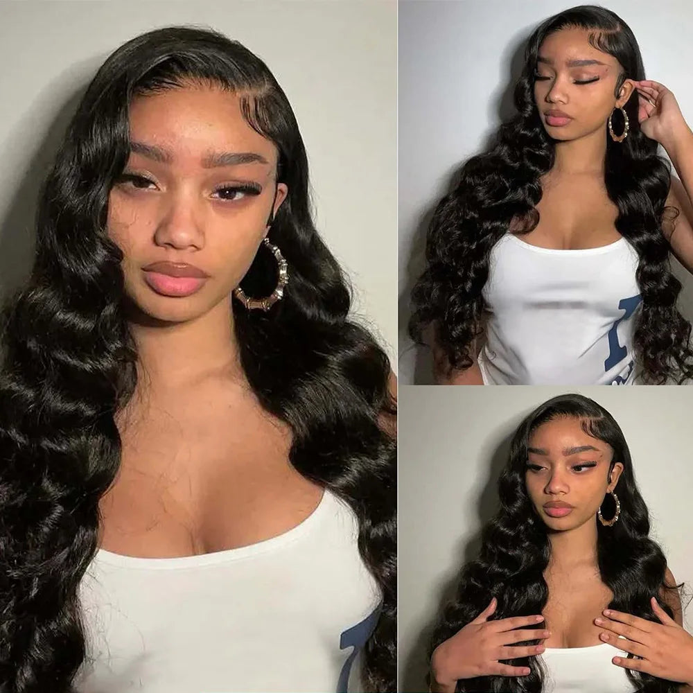 200% Density Body Wave Human Hair Wig with 13x6 HD Lace Front, 13x4 Transparent Frontal, and 5x5 Glueless – Natural Black Color.