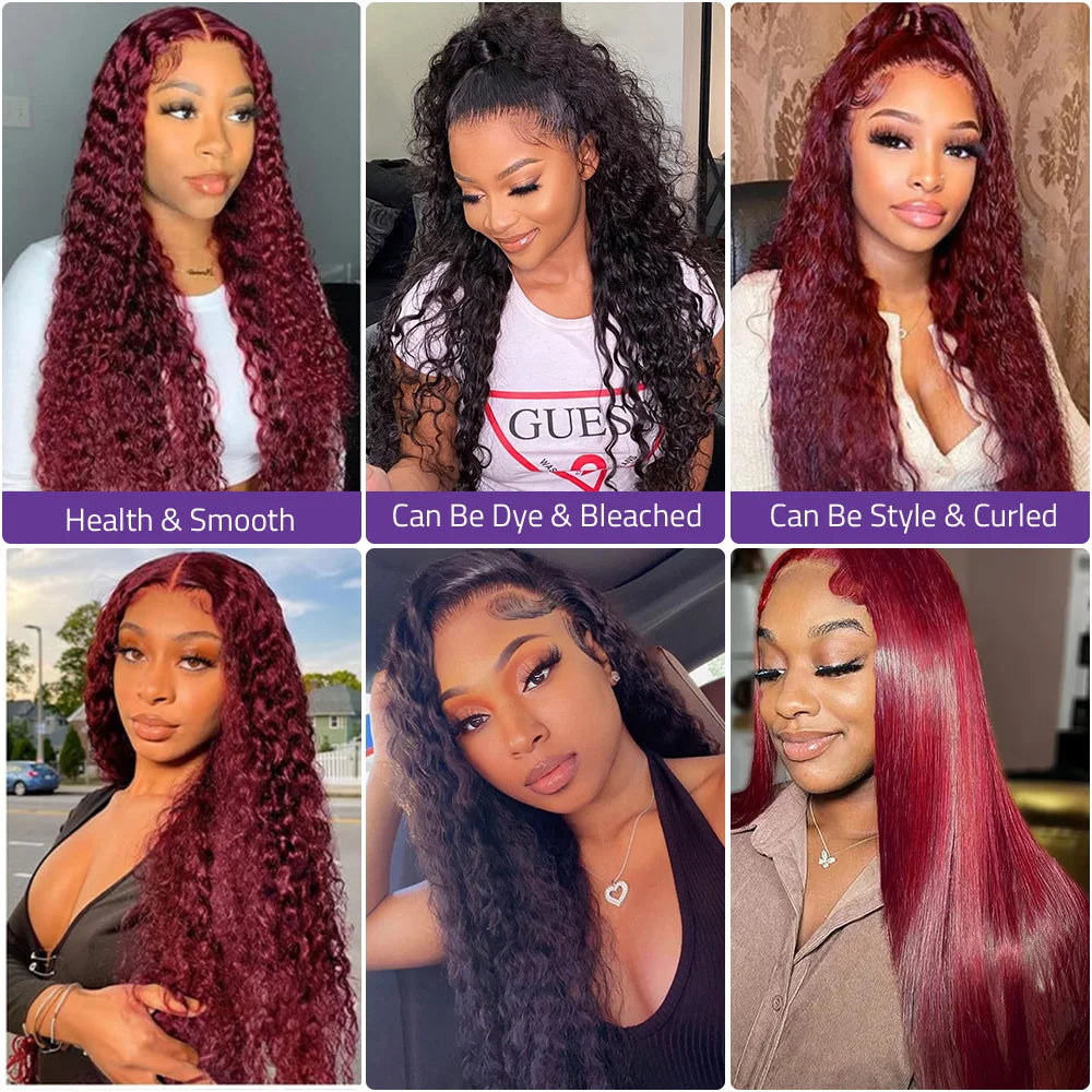 99J Burgundy 18-38 Inch Deep Wave Wig 13x6 Lace Front Curly Wig Red Wine Color Wave Wig 13x4 HD Transparent Lace Human Hair Wig.