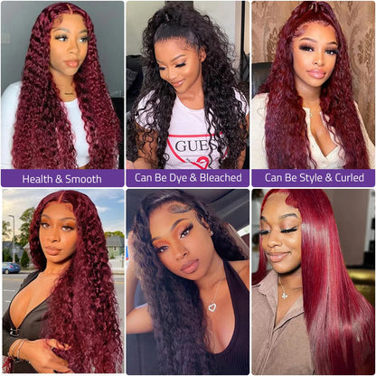 99J Burgundy 18-38 Inch Deep Wave Wig 13x6 Lace Front Curly Wig Red Wine Color Wave Wig 13x4 HD Transparent Lace Human Hair Wig.