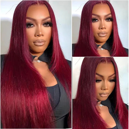 99J Burgundy Bone Straight Transparent Lace Wig 13x4 13x6 HD Lace Front Human Hair Wig Pre-Plucked 18-40 Inch Brazilian Hair Wig