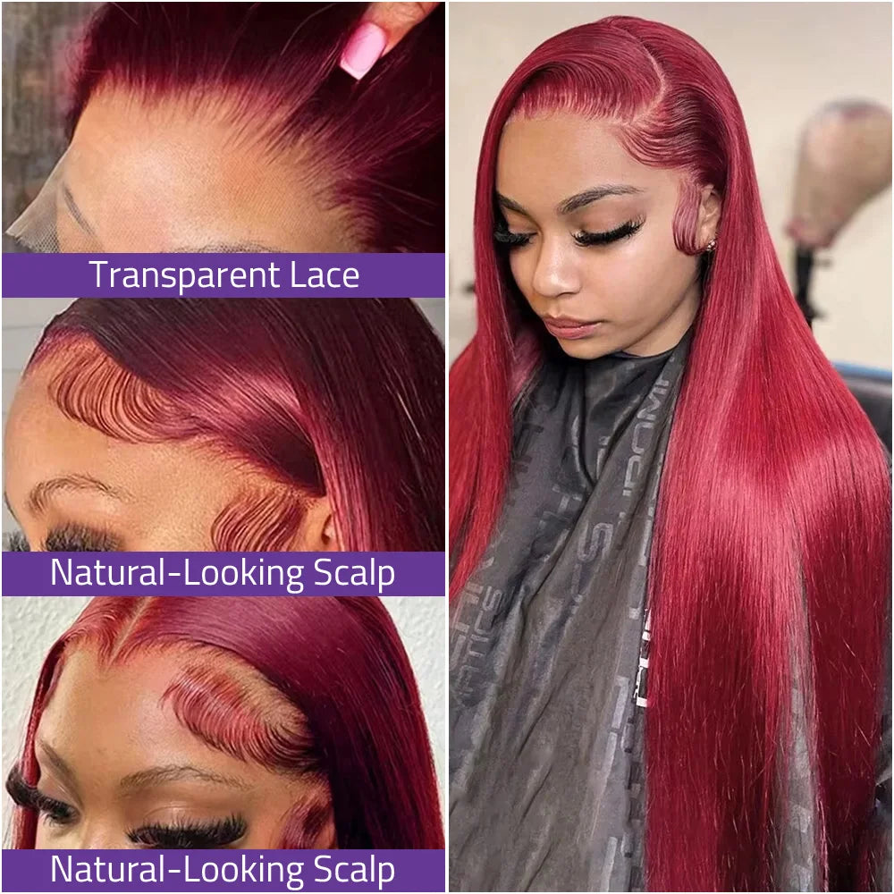 40 Inch Burgundy 99J Color Bone Straight Wig 13x6 HD Frontal Lace 220Density Wig 13x4 Lace Frontal 100% Human Hair Wig For Women