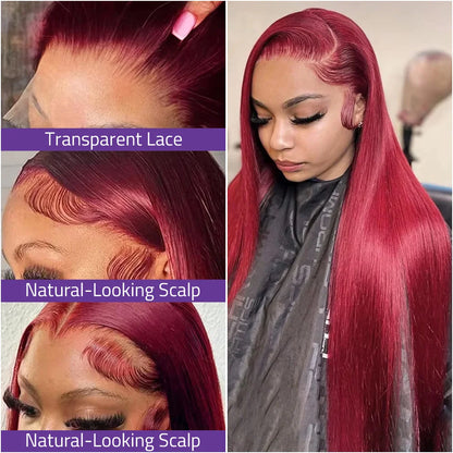 40 Inch Burgundy 99J Color Bone Straight Wig 13x6 HD Frontal Lace 220Density Wig 13x4 Lace Frontal 100% Human Hair Wig For Women