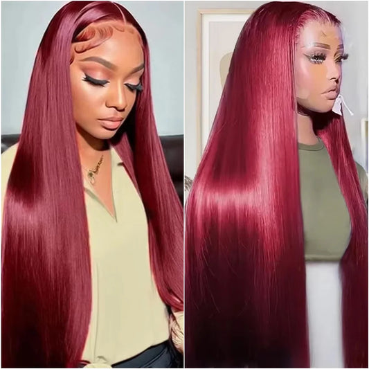 99J Burgundy Colored Lace Wig 13x6 Transparent Lace Frontal Red Wig 100% Brazilian Human Hair 200 Density Bone Straight Lace Wig