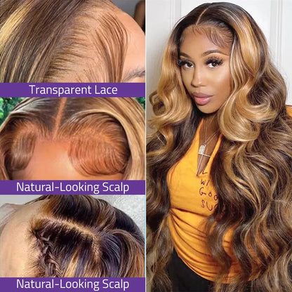 Blonde Highlight Body Wave Lace Wig 13X4 13x6 HD Transparent Lace Frontal 100% Human Hair Wig For Women Hightlight P4/27 Wig .