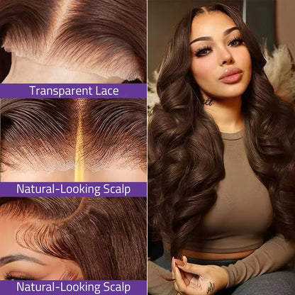 Chocolate Brown Body Wave Lace  Wigs 13x6 HD Transparent Lace Front  Wigs 100% Brazilian Human Hair Wigs 200 Density For Women.