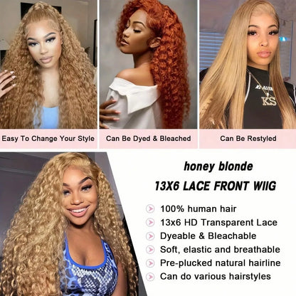 13x6 Deep Wave Lace Front Wigs Human Hair Honey Blonde HD Transparent Lace Frontal Wigs Human Hair #27 Curly Wigs Human Hair Wig