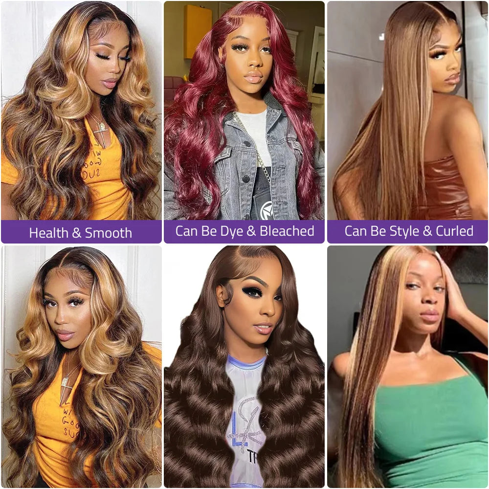 36 Inch Highlight Body Wave Human Hair Wig P4/27 Honey Blonde 13x6 HD Lace Frontal Wig 13x4 Lace Front Wig Curly Wig 200 Density