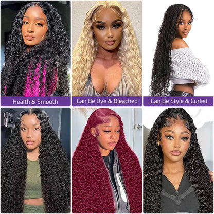 18-40 Inch Black Deep Wave Curly Lace Frontal Wigs 13x6 HD Lace Frontal Wig 100% Brazilian Human Hair Wig 220% Density For Women