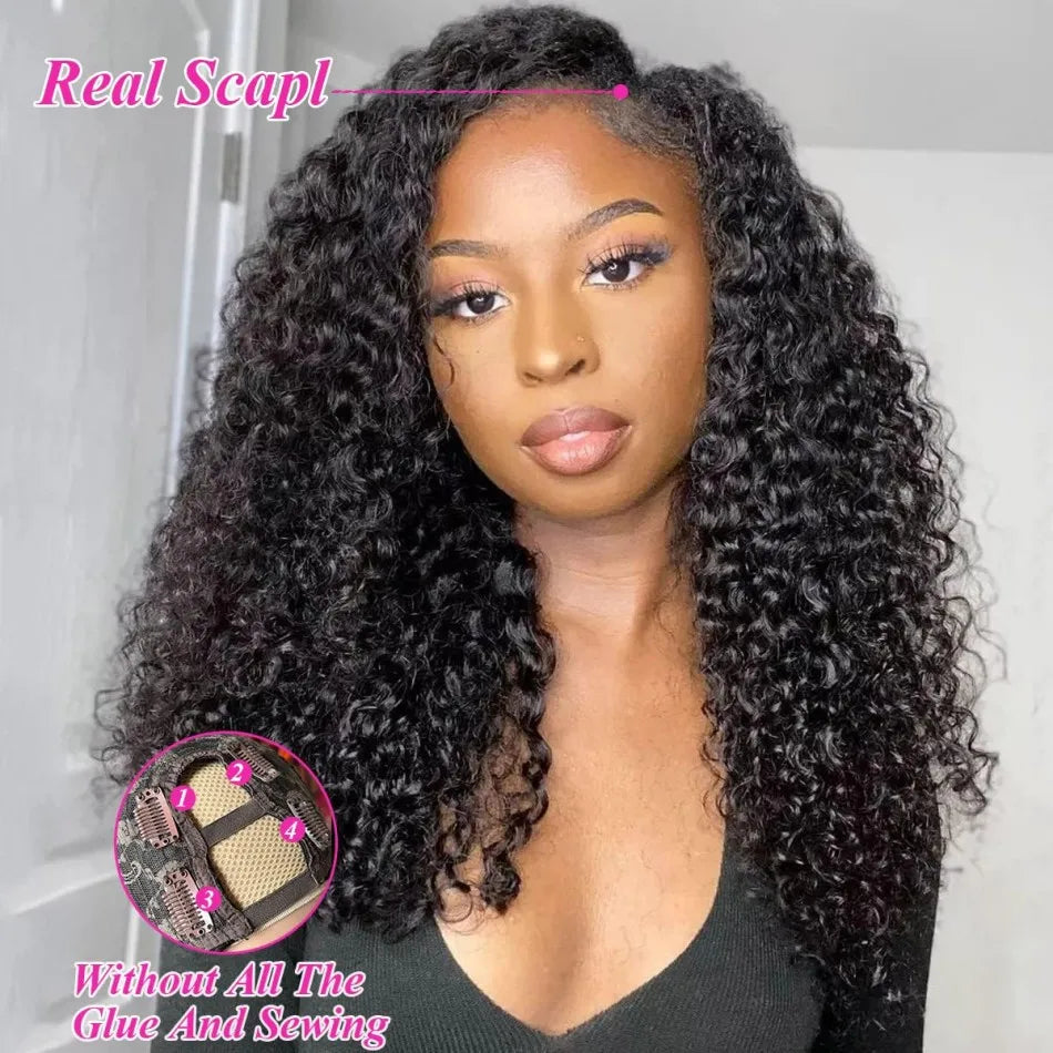 Curly V Part Wigs Human Hair Brazilian For Black Women Upgrade U Part Wigs No Sew No Glue 220% Density Human Hair Wigs Deep Wave