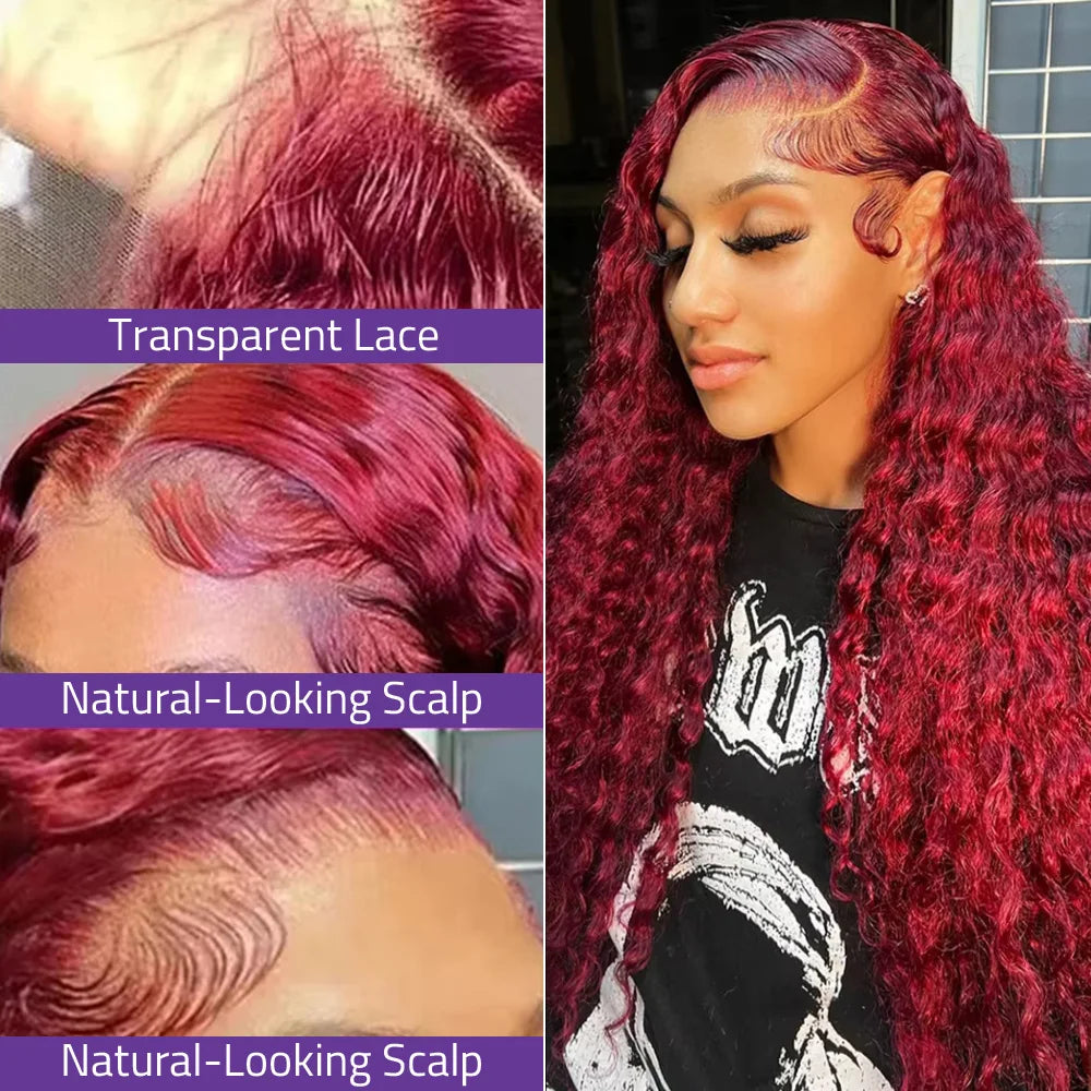 Brazilian Human Hair Lace Wig 99j Burgundy 13x6 Hd Lace Frontal Wig 13x4 Transparent Lace Curly Deep Wave Wig 200% Density.