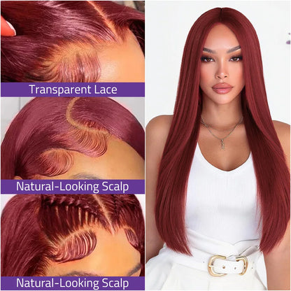 40 Inch 99j Burgundy Straight Wig 13x6 HD Transparent Frontal Lace Wig 13x4 Lace Front 100% Pre-Plucked Brazilian Human Hair Wig