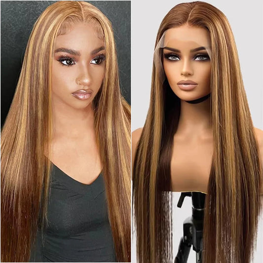 Highlight P4/27 Straight 100% Human Hair Lace Wig, 200% Density Honey Blonde 13x4 HD Lace Frontal Wig 13x6 Transparent Lace Wig.