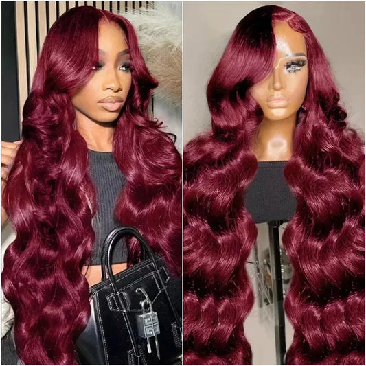 13x4 and 13x6 HD Transparent Frontal Lace Wig 99j Burgundy 40 Inch Pre-plucked Brazilian Human Hair Lace Body Wave Wig For Women