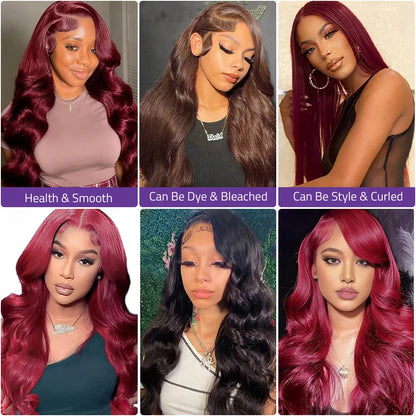 13x4 and 13x6 HD Transparent Frontal Lace Wig 99j Burgundy 40 Inch Pre-plucked Brazilian Human Hair Lace Body Wave Wig For Women