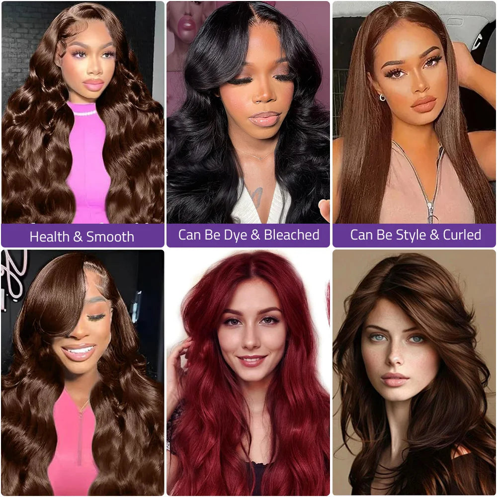 Chocolate Brown Body Wave Lace  Wigs 13x6 HD Transparent Lace Front  Wigs 100% Brazilian Human Hair Wigs 200 Density For Women.