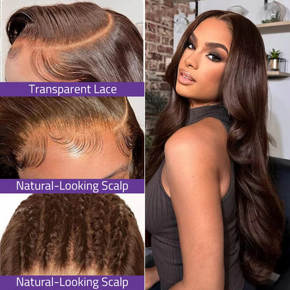 100% Human-Hair Wigs #4 Body Wave Wig Chocolate Brown Lace Wig 13x4 HD Lace Frontal Wig 13x6 Transparent Lace Pre plucked Wig !