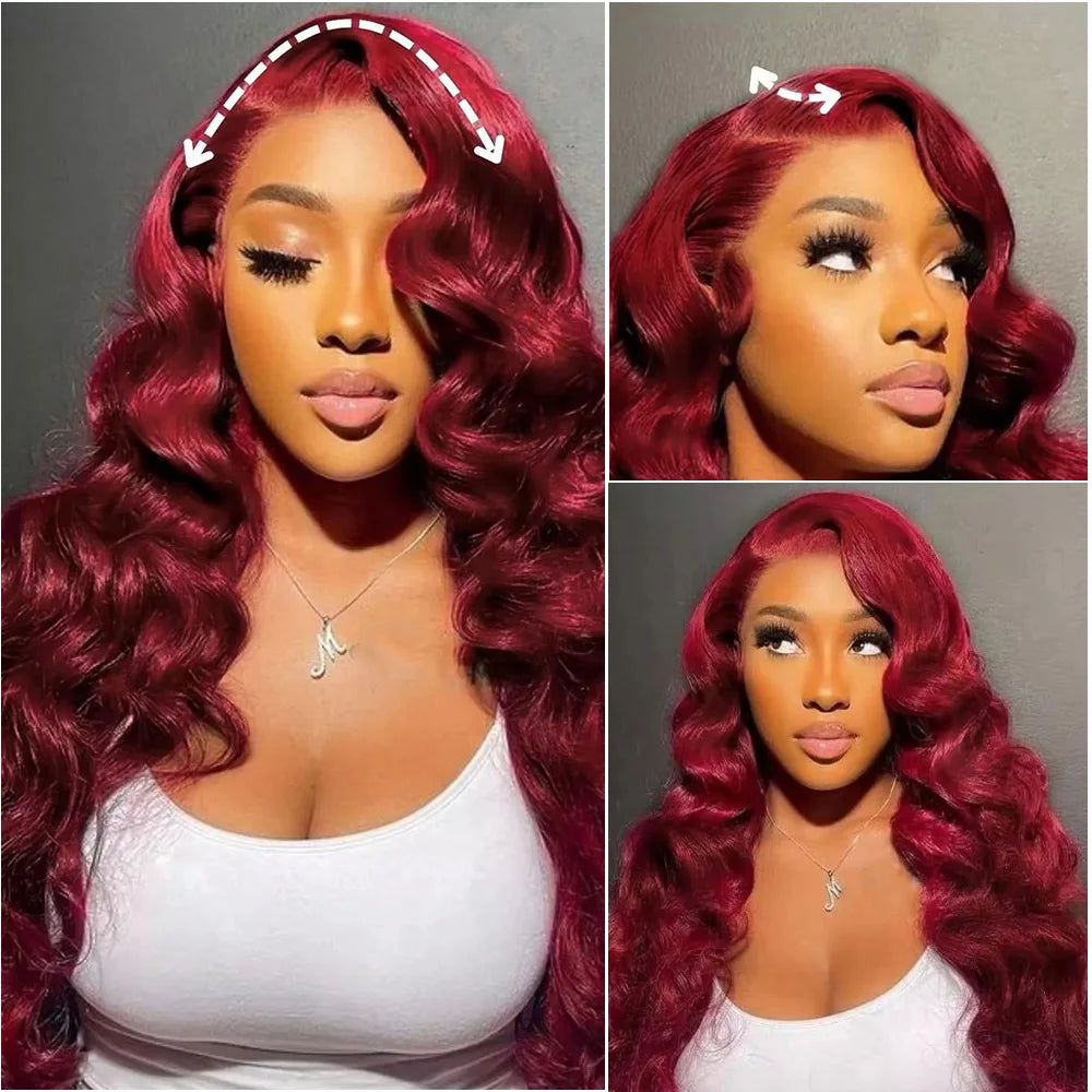 99J Burgundy 13x4 HD Frontal Lace Body Wave Wig 13x6 Transparent Lace Frontal 220Density Wig 100% Brazilian Human Hair For Women