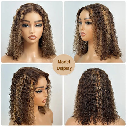 427 Bob Curly Wigs Human Hair Glueless Wear And Go Pre Plucked Pre Bleached Pre Cut Deep Wave Lace Front With 220 Density 10”
