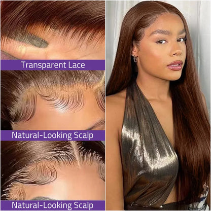 Chocolate Brown Bone Straight Front Lace Wig 13x6 Transparent Lace Frontal Wig 13x4 HD Lace Pre-Plucked Brazilian Human Hair Wig