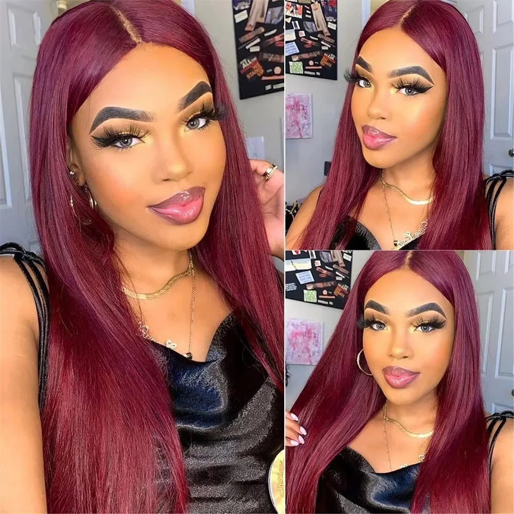 Burgundy Bone Straight 13x4 HD Frontal Lace Human Hair Wig Red Wine 13x6 Frontal Lace 100% Human Hair Wig 99J Brazilian Hair Wig