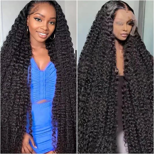 200% Density Deep Curly Wigs 13x6 HD Lace Frontal 100% Human Hair Wig 18-40 Inch Deep Wave 5x5 Glueless Lace Black Wig For Women