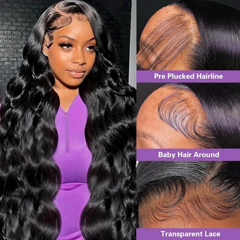 13x4 13x6 HD Front Wigs Transparent Lace 38 inches Natural body Wave Human Hair 200 Density in Brazilian human hair For Women