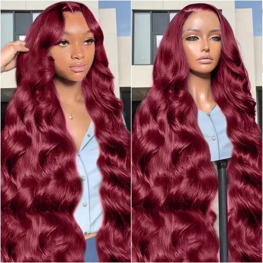 36 Inch Human Hair 13x6 Transparent Lace Wig Body Wave 99J Burgundy Lace Front Wig 13x4 Swiss HD Lace Red Colored Wig For Women.